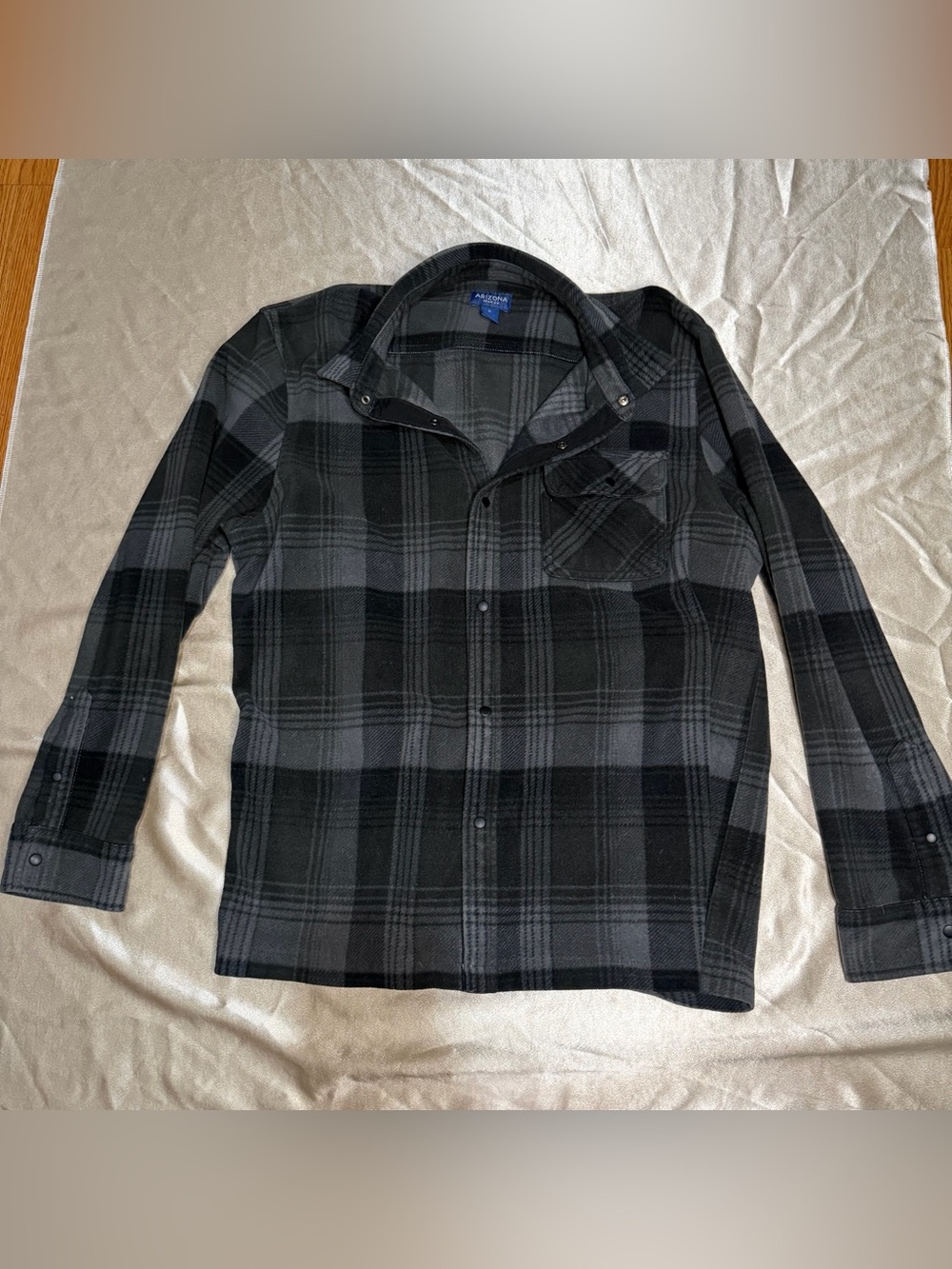 Arizona Jean Co Black Gray Plaid Fleece Snap Front Long Sleeve Shirt XL